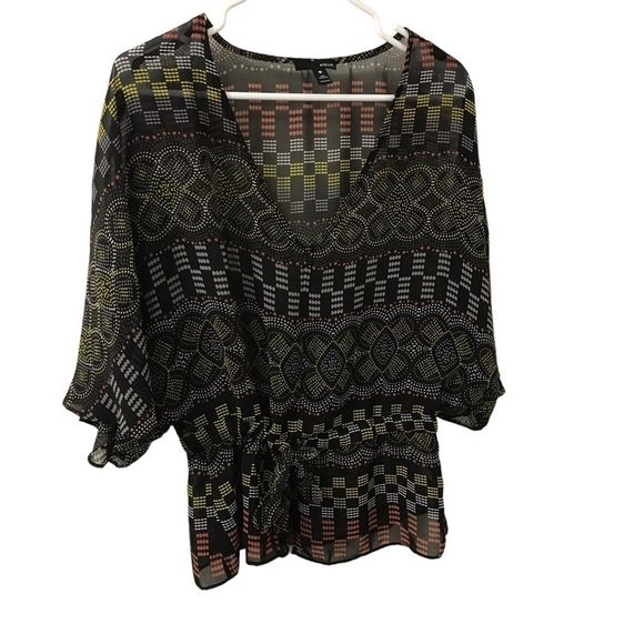 Aqua Tops - Aqua abstract print black sheet peplum kimono sleeve top size Medium